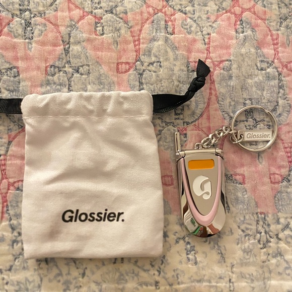 Glossier Jewelry - Glossier Pink & Silver Logo Keychain Charm with White Drawstring Pouch